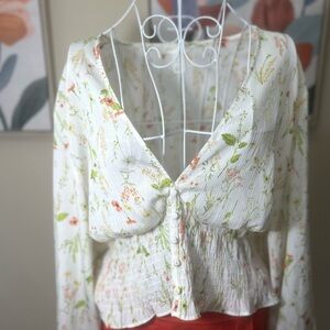 H&M Floral V-Neck Blouse - Cream and Green